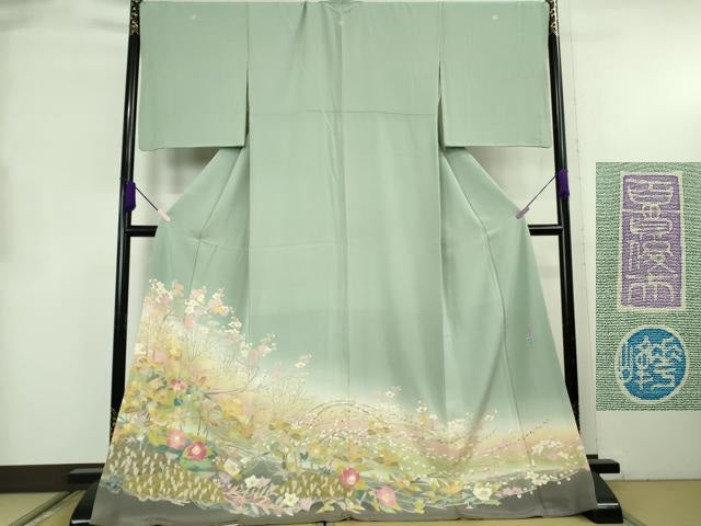 平和屋本店●極上 本加賀友禅作家 百貫華峰 色留袖 枝花文 錆青磁色地 ロング丈 逸品 DZAB8838kh6