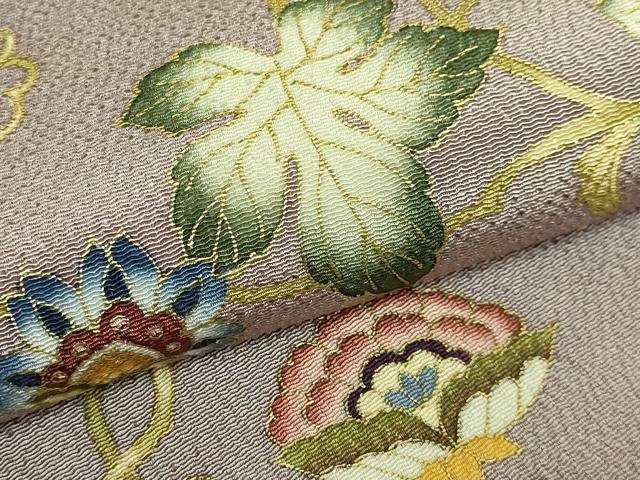 平和屋本店●極上 岡重謹製 OKAJIMA 九寸名古屋帯 葡萄蔦の葉文 薄い鳩羽鼠色地 金彩 鬼しぼ縮緬 逸品 DZAB8858kh6