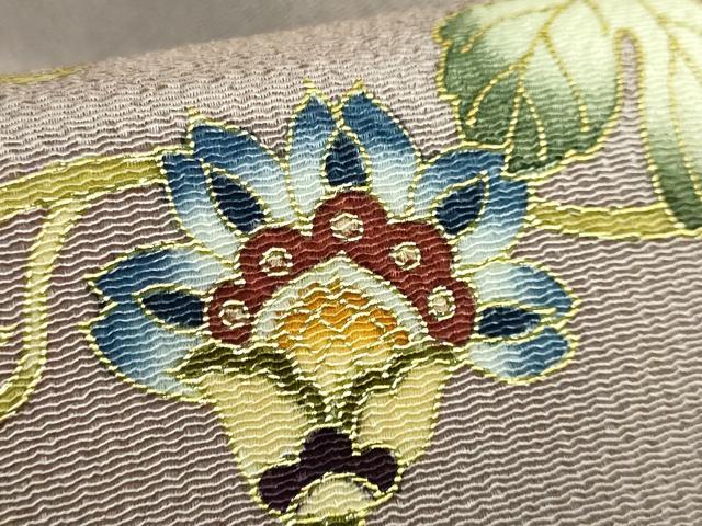 平和屋本店●極上 岡重謹製 OKAJIMA 九寸名古屋帯 葡萄蔦の葉文 薄い鳩羽鼠色地 金彩 鬼しぼ縮緬 逸品 DZAB8858kh6