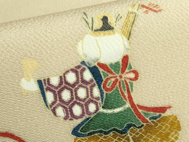 平和屋着物●極上 九寸名古屋帯 楽器 犬 雅楽 薄い砥粉色地 鬼しぼ縮緬 逸品 DZAB8860kh6