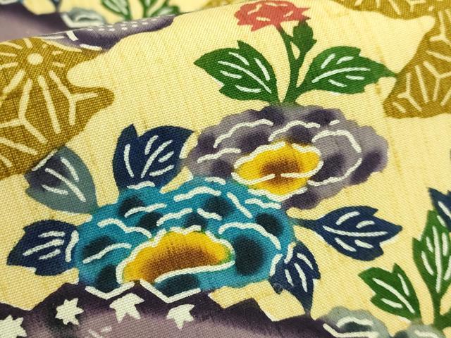 平和屋本店●極上 本場琉球紅型 琉球びんがた 知念積元 九寸開き名古屋帯 扇面花文 逸品 DZAB8875kh6