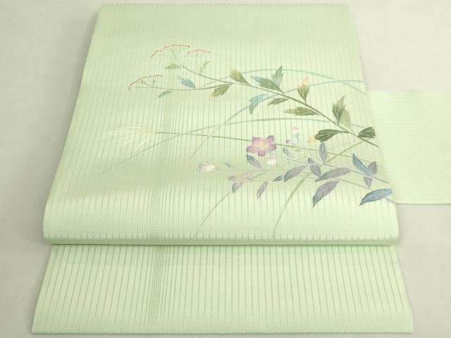 平和屋着物*極上 夏物 九寸名古屋帯 友禅 作家物 枝花文 裏葉柳色地 逸品 DZAB8890kh6