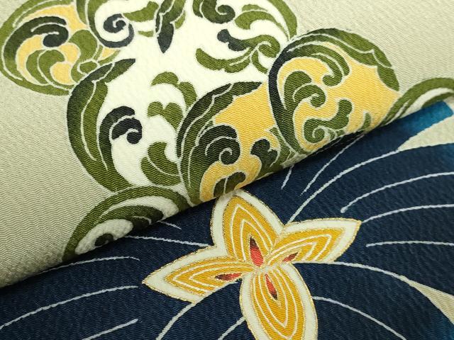 平和屋本店●極上 銀座もとじ 九寸名古屋帯 藍 花菱 薄い青白橡色地 金彩 鬼しぼ縮緬 逸品 DZAB8945kh6