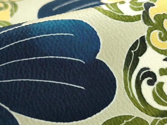 平和屋本店●極上 銀座もとじ 九寸名古屋帯 藍 花菱 薄い青白橡色地 金彩 鬼しぼ縮緬 逸品 DZAB8945kh6