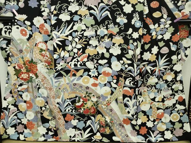 平和屋本店●極上 振袖 駒刺繍 吉祥花文 黒地 金彩 逸品 DZAB8994kh6