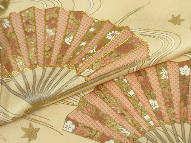平和屋本店●極上 銀座きしや 訪問着 駒刺繍 流水扇面花文 砥粉色地 金彩 逸品 DZAB9006kh6