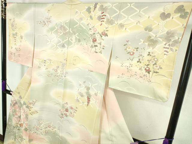 平和屋本店●極上 訪問着 駒刺繍 葡萄蔦の葉花文 暈し染め 金彩 和木沢絹 反端付き 逸品 未使用 DZAB9009kh6