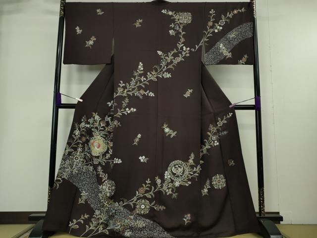 平和屋本店●極上 訪問着 刺繍 朱雀 正倉院更紗花文 深紫色地 金彩 逸品 DZAB9011kh6