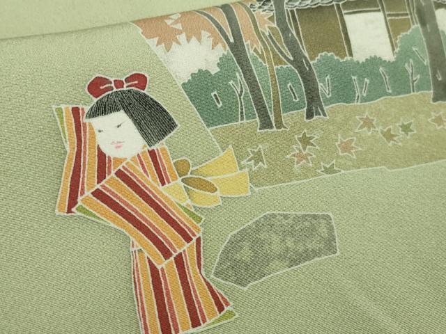 平和屋着物●極上 本加賀友禅作家 石田巳代治 訪問着 童 若葉色地 証紙付き 逸品 DZAB9076kh6