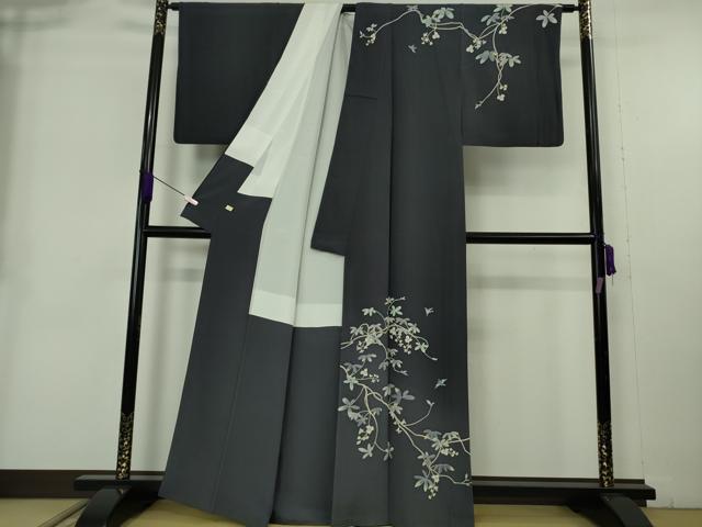 平和屋本店●極上 本加賀友禅作家 魚津誠 訪問着 小鳥 枝花文 青褐色地 暈し染め ほていや扱い 逸品 DZAB9077kh6