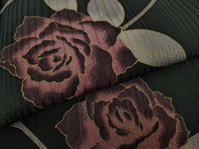 平和屋本店●極上 染色作家 斉藤三才 小紋 薔薇 バラ 黒地 金彩 逸品 DZAB9079kh6