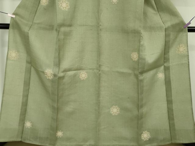 平和屋着物*極上 夏物 赤城生紬 ムガシルク糸刺繍 舞花文 山葵色地 証紙付き 逸品 DZAB9085kh6