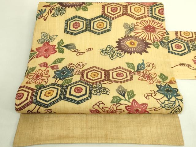 平和屋本店*極上 夏物 芭蕉布 手積み芭蕉糸100% 九寸名古屋帯 本場琉球紅型 亀甲花文 逸品 DZAB9102kh6