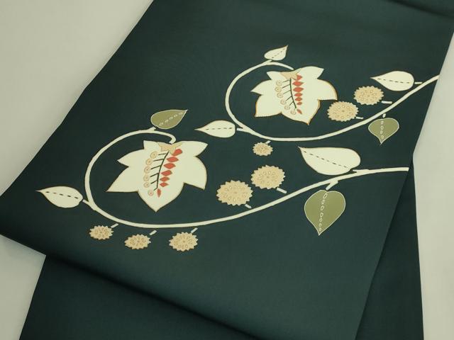 平和屋着物●極上 京の名門 友禅 染の北川 塩瀬 九寸名古屋帯 駒刺繍 枝葉文 百入茶色地 宮腰織物 五泉 反端付 逸品 未使用 DZAB9110kh6