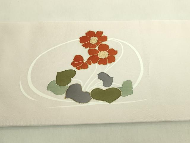 平和屋着物●極上 塩瀬 九寸名古屋帯 駒刺繍 草花文 薄い鴇鼠色地 金彩 反端付き 逸品 DZAB9113kh6