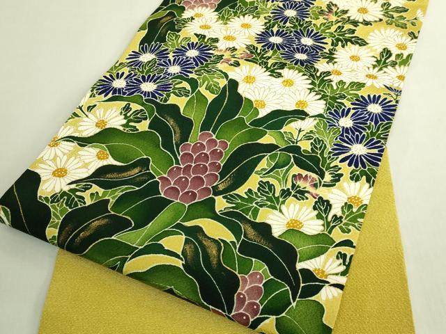 平和屋本店●超希少 東京友禅 久呂田明功 九寸名古屋帯 草花文 金彩 鬼しぼ縮緬 逸品 DZAB9128kh6