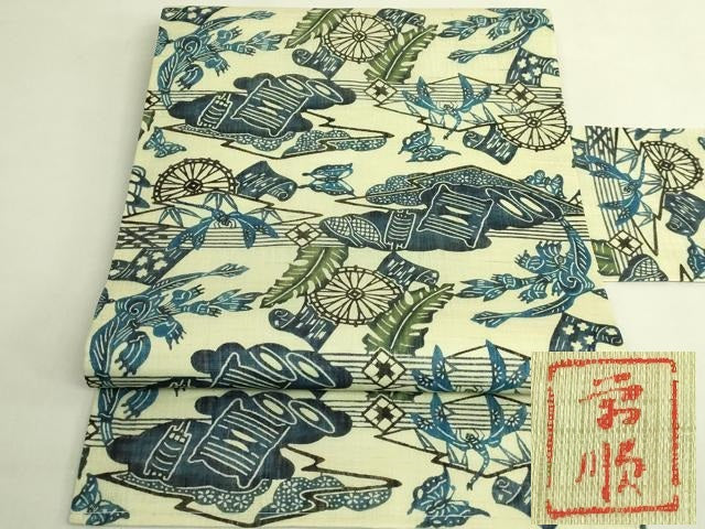 平和屋本店*最高級 夏物 城間栄順 本場琉球紅型 九寸名古屋帯 藍 糸車 蝶 蜻蛉 麻 逸品 DZAB9131kh6