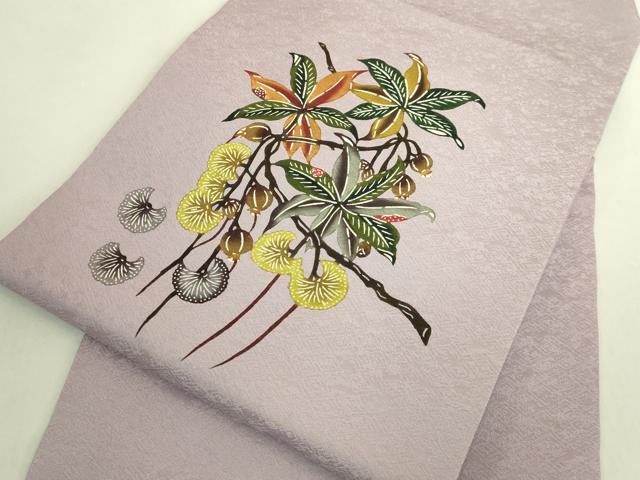平和屋着物●極上 本場琉球紅型 九寸名古屋帯 やふそ 琉球びんがた工房 枝葉文 逸品 DZAB9173kh6