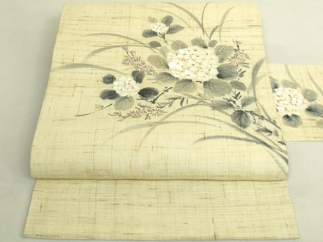 平和屋着物*極上 夏物 九寸名古屋帯 手描き 紫陽花 麻 逸品 DZAB9181kh6