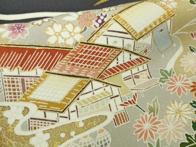 平和屋着物●極上 訪問着 背抜き仕立て 駒刺繍 水辺風景花文 青褐色地 暈し染め 金彩 逸品 DZAB9204kh6