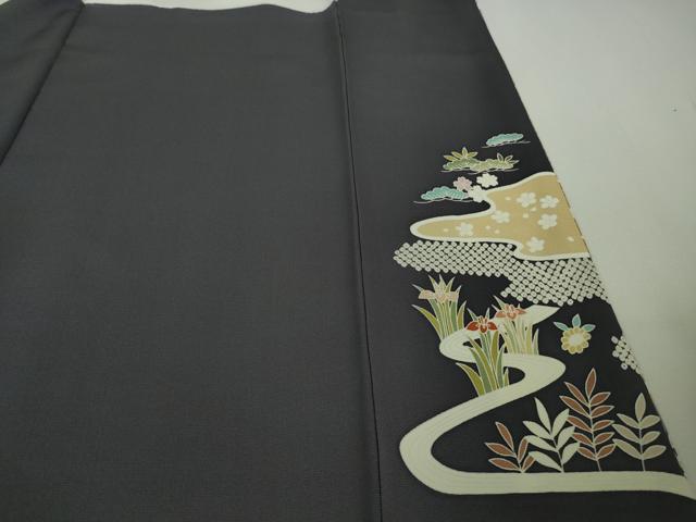 平和屋着物●極上 訪問着 背抜き仕立て 駒刺繍 水辺風景花文 青褐色地 暈し染め 金彩 逸品 DZAB9204kh6