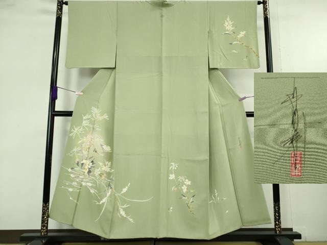 平和屋着物●極上 京加賀友禅 百貫石峰 訪問着 枝花文 若葉色地 鈴乃屋扱い 逸品 DZAB9205kh6