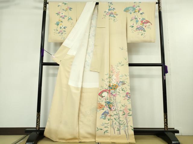 平和屋本店●極上 本加賀友禅作家 藤村建雄 訪問着 舞扇 枝花文 蒸栗色地 暈し染め 三越扱い 逸品 DZAB9224kh6