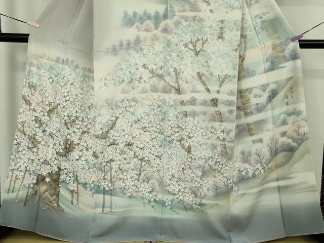 平和屋本店●極上 日本画家 濡れ描き友禅作家 高橋峰陵 訪問着・袋帯セット 枝桜 暈し染め さが美扱い 逸品 未使用 DZAB9228kh6