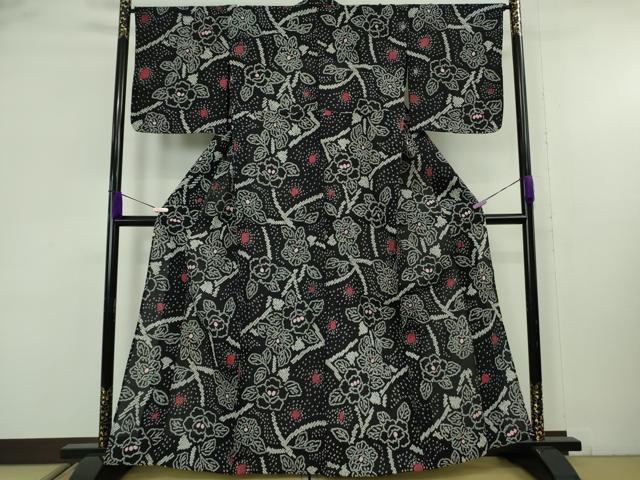 平和屋着物∴極上 夏物 浴衣 有松鳴海絞り 草花文 黒地 綿 逸品 DZAB9232kh6