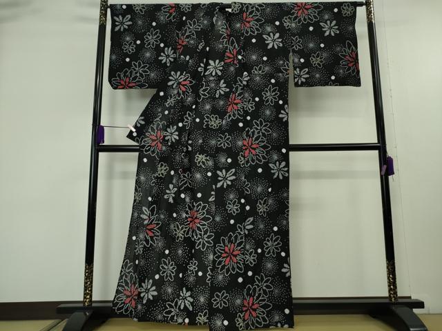 平和屋着物∴極上 夏物 浴衣 有松鳴海絞り 舞花文 黒地 綿 逸品 DZAB9233kh6
