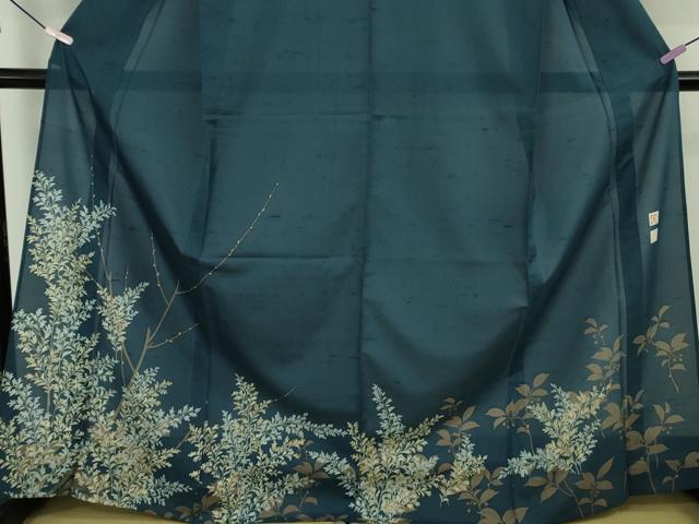平和屋本店*極上 夏物 石川県指定無形文化財 夏牛首紬 白山工房 手織り 訪問着 枝葉文 高麗納戸色地 さが美扱い 逸品 未使用 DZAB9240kh6