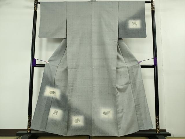 平和屋着物▽極上 訪問着 単衣 生紬 杢目絞り 手描き 猫 ネコ 逸品 DZAB9248kh6