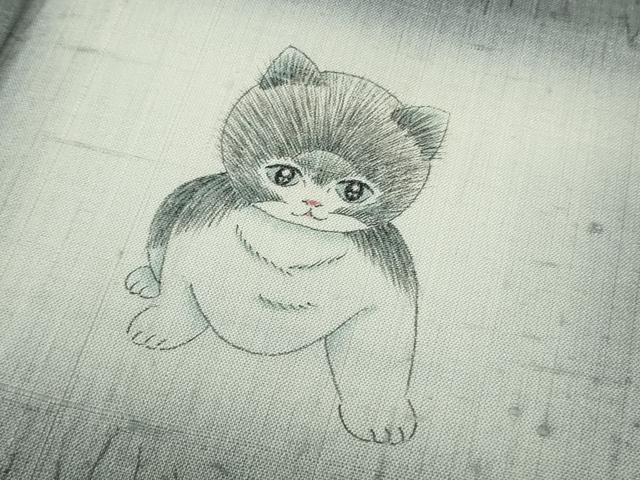 平和屋着物▽極上 訪問着 単衣 生紬 杢目絞り 手描き 猫 ネコ 逸品 DZAB9248kh6