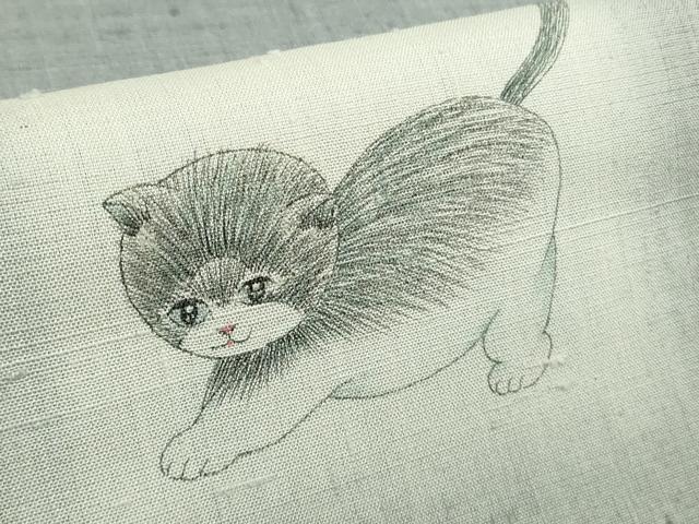 平和屋着物▽極上 訪問着 単衣 生紬 杢目絞り 手描き 猫 ネコ 逸品 DZAB9248kh6