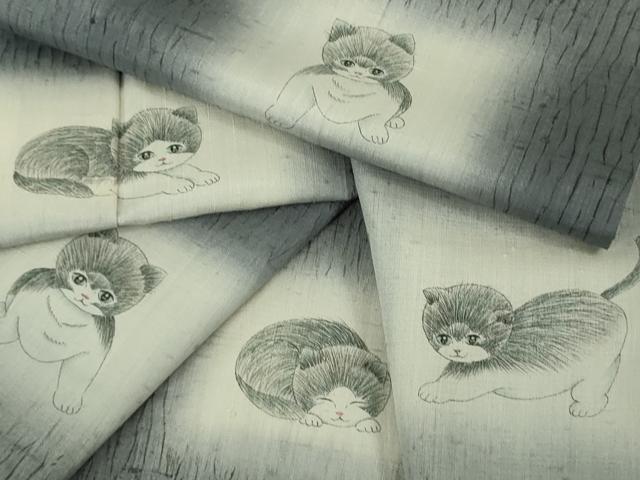 平和屋着物▽極上 訪問着 単衣 生紬 杢目絞り 手描き 猫 ネコ 逸品 DZAB9248kh6