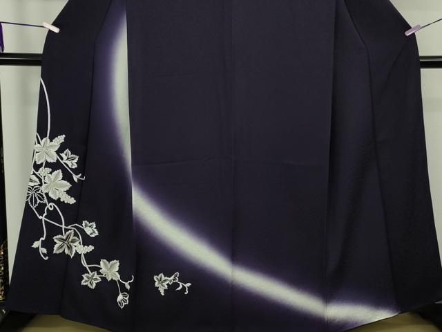 平和屋本店●極上 訪問着 総刺繍 葡萄蔦の葉文 深紫色地 暈し染め 銀糸 逸品 DZAB9250kh6