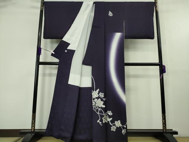 平和屋本店●極上 訪問着 総刺繍 葡萄蔦の葉文 深紫色地 暈し染め 銀糸 逸品 DZAB9250kh6
