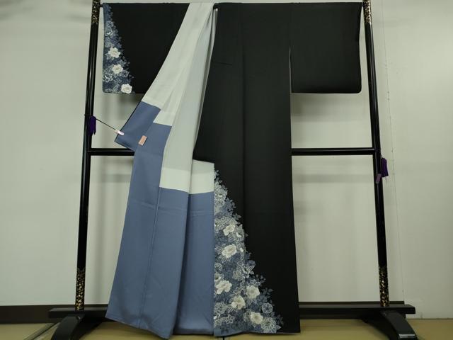 平和屋本店●極上 訪問着 銀駒刺繍 牡丹 黒地 金銀糸 逸品 DZAB9251kh6
