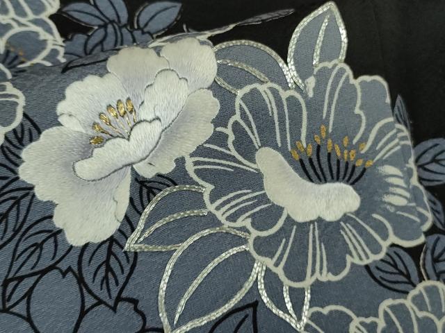平和屋本店●極上 訪問着 銀駒刺繍 牡丹 黒地 金銀糸 逸品 DZAB9251kh6