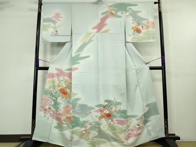 平和屋本店●極上 創業460年・千總 訪問着 駒刺繍 花篭 藍白色地 暈し染め 金彩 三越扱い 逸品 DZAB9257kh6