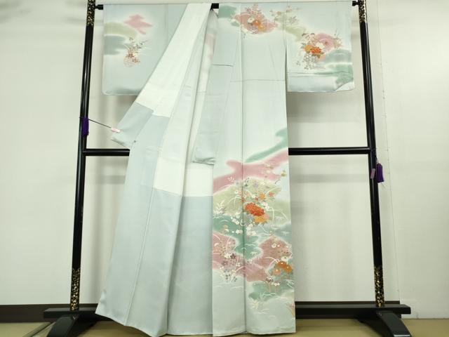 平和屋本店●極上 創業460年・千總 訪問着 駒刺繍 花篭 藍白色地 暈し染め 金彩 三越扱い 逸品 DZAB9257kh6