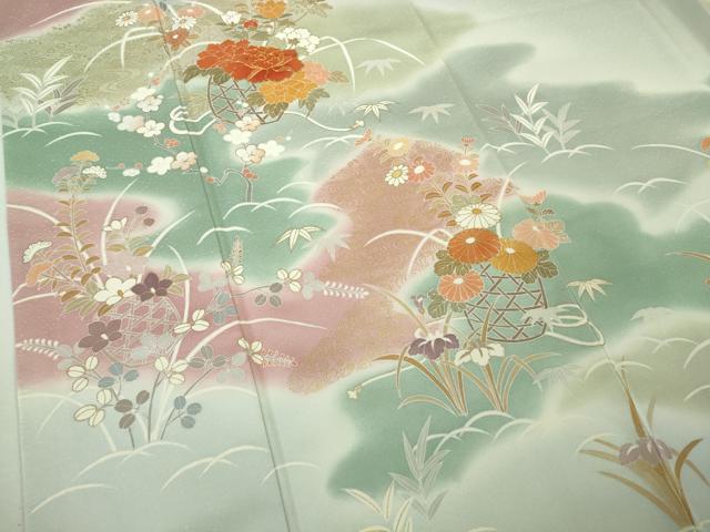 平和屋本店●極上 創業460年・千總 訪問着 駒刺繍 花篭 藍白色地 暈し染め 金彩 三越扱い 逸品 DZAB9257kh6