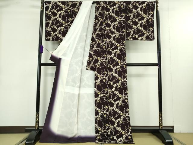 平和屋本店●極上 浦野理一 型染 小紋 寒冬老梅画 濃い深紫色地 鬼しぼ縮緬 ロング丈 証紙・反端付き 逸品 未使用 DZAB9299kh6