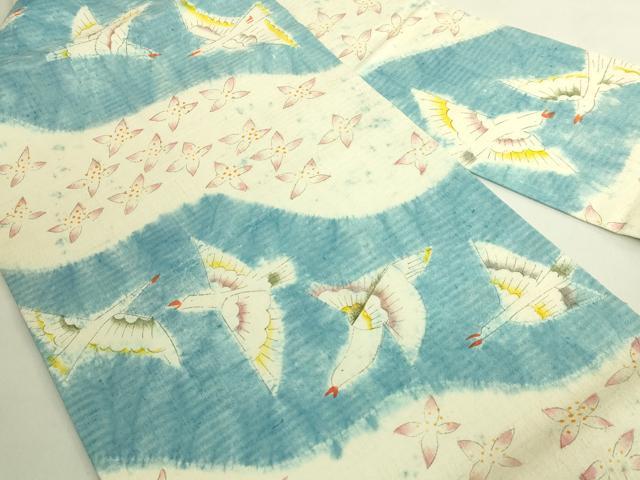 平和屋本店●極上 型絵染染色家 鈴木紀絵 九寸名古屋帯 紬地 絞染め 飛鳥花文 逸品 DZAB9314kh6