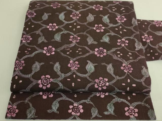 平和屋着物●極上 工芸帯 九寸名古屋帯 花唐草 綿 濃い黒鳶色地 逸品 DZAB9316kh6