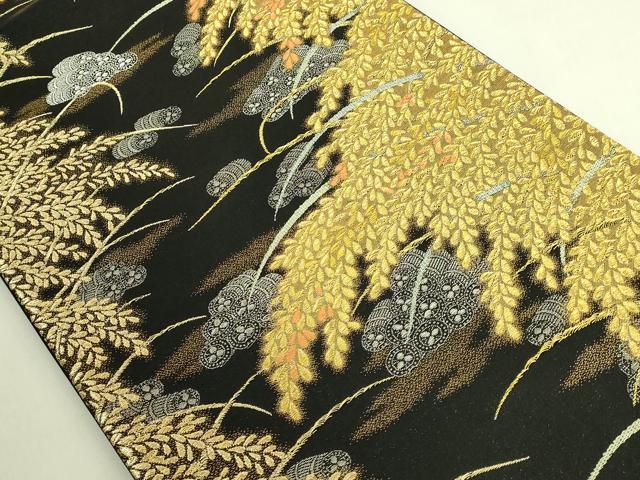 平和屋着物●極上 西陣 皇室 総理大臣献上作家 青木兄弟 六通柄袋帯 米百俵 本金プラチナ 黄金織つづれ 黒地 金銀糸 反端 逸品 DZAB9365kh6