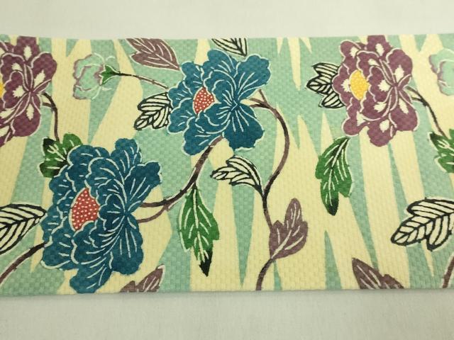 平和屋本店●極上 人間国宝 鎌倉芳太郎 型絵染 琉球紅型 九寸名古屋帯 菱霞牡丹唐草文 ゑり善扱い たとう紙付 逸品 DZAB9384kh6