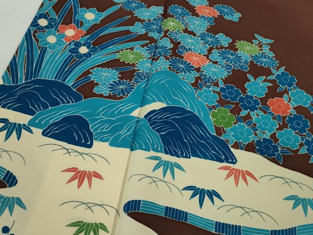 平和屋本店●極上 人間国宝 五代 田畑喜八 訪問着 藍 草花文 海老茶色地 逸品 DZAB9423kh6
