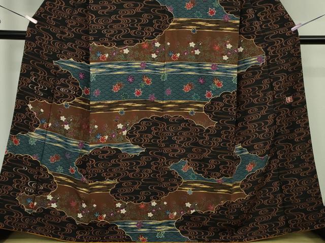 平和屋着物●極上 ファッションデザイナー 花井幸子 訪問着 駒刺繍 観世水 雲取り花文 黒地 金彩 逸品 DZAB9429kh6