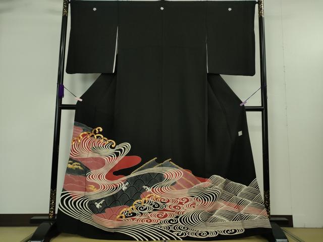 平和屋着物●極上 黒留袖 駒刺繍 立波流水文 金彩 逸品 DZAB9430kh6